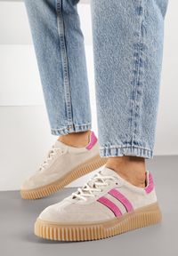 Born2be - Beżowo-Fuksjowe Skórzane Sneakersy Klasyczne Tenisówki z Zamszu Naturalnego Teniresela. Okazja: na co dzień. Kolor: beżowy. Materiał: zamsz, skóra