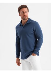 Ombre Clothing - Bluza męska z kołnierzykiem polo ze strukturalnej dzianiny - ciemnoniebieska V5 - Rozmiar: XL. Typ kołnierza: polo. Kolor: niebieski. Materiał: dzianina