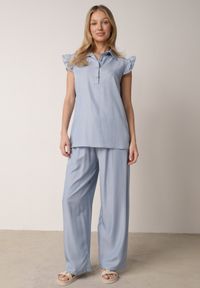 Born2be - Jasnoniebieski Komplet z Wiskozą Szerokie Spodnie i Bluzka z Kołnierzykiem Nautiviane. Kolekcja: plus size. Kolor: niebieski. Materiał: wiskoza. Wzór: gładki #4
