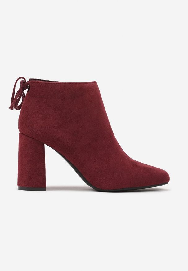Renee - Bordowe Botki na Słupku Ozdobione z Tyłu Wiązaniem Ittelena. Okazja: na co dzień. Kolor: czerwony. Materiał: jeans. Wzór: aplikacja. Obcas: na słupku. Styl: casual, elegancki. Wysokość obcasa: średni
