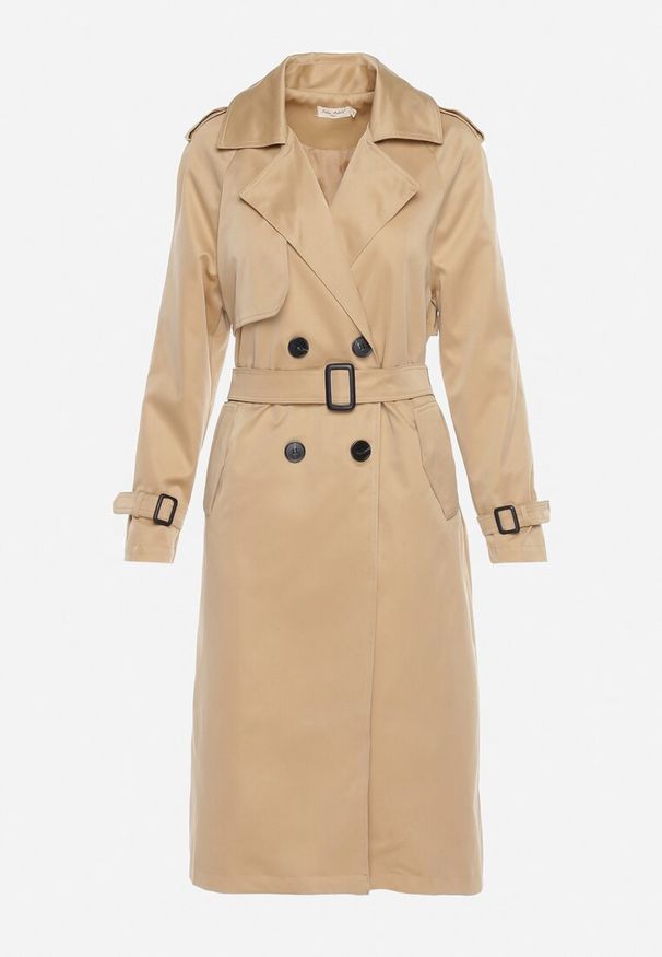 Born2be - Ciemnobeżowy Długi Płaszcz Trencz o Klasycznym Fasonie z Paskiem Nasde. Okazja: na co dzień. Kolor: beżowy. Materiał: jeans. Długość: długie. Styl: klasyczny