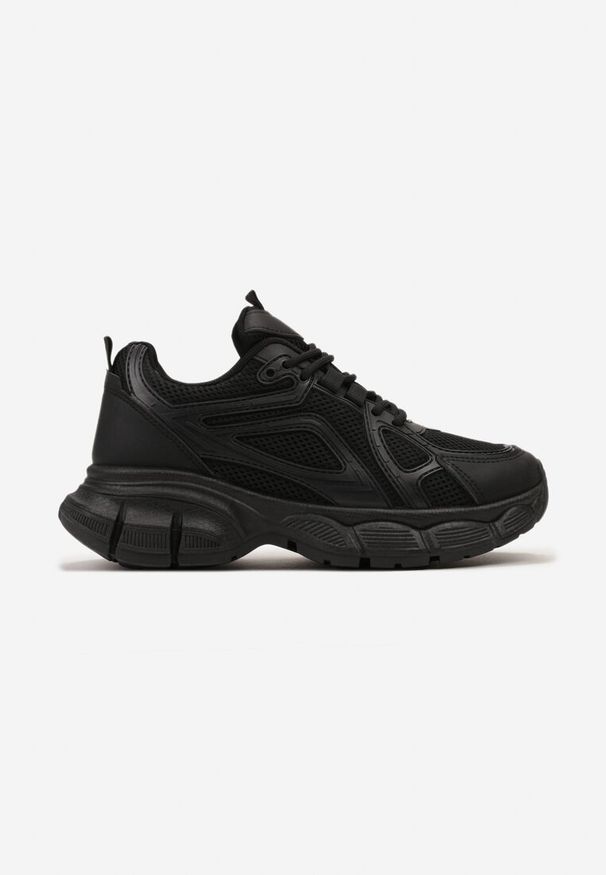 Renee - Czarne Sneakersy na Grubej Podeszwie ze Sznurowaniem i Paskami z Ekoskóry Lathmyni. Okazja: na co dzień. Zapięcie: pasek. Kolor: czarny. Wzór: aplikacja