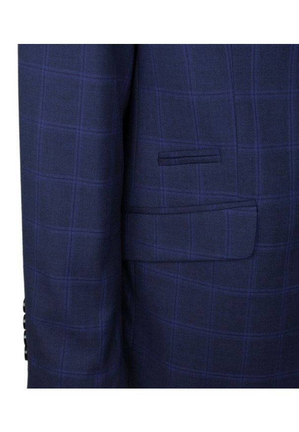 Elegancka Marynarka Męska - Casino - Delikatnie Taliowana - Granatowa w Kratę. Kolor: niebieski. Materiał: poliester, wiskoza. Styl: elegancki