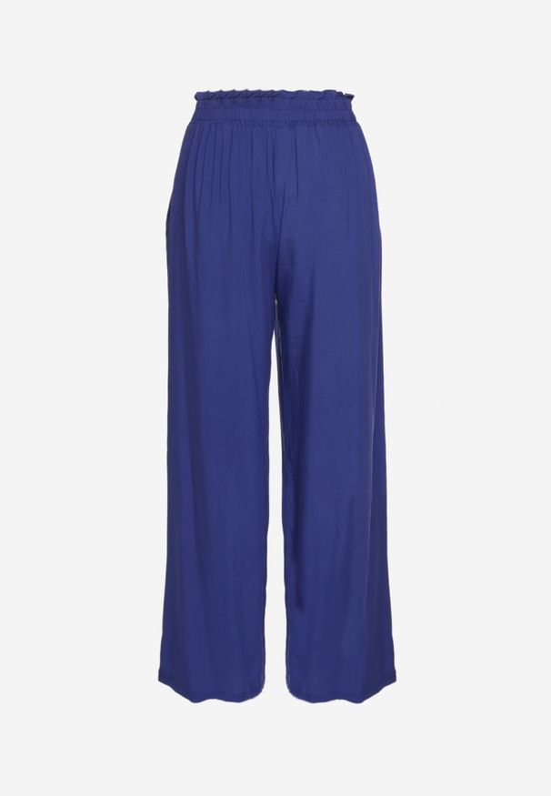 Renee - Granatowe Spodnie z Bawełny Typu Palazzo High Waist z Gumką w Talii Nelsaria. Okazja: na co dzień. Stan: podwyższony. Kolor: niebieski. Materiał: bawełna. Styl: elegancki, casual, wizytowy