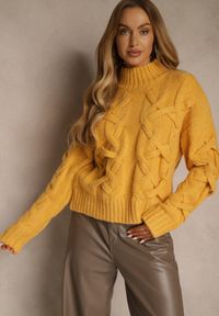 Renee - Żółty Golf z Dodatkiem Wełny ze Strukturalnym Splotem Fedansa. Okazja: na co dzień. Typ kołnierza: golf. Kolor: żółty. Materiał: wełna. Długość: długie. Wzór: ze splotem. Styl: casual, klasyczny #5