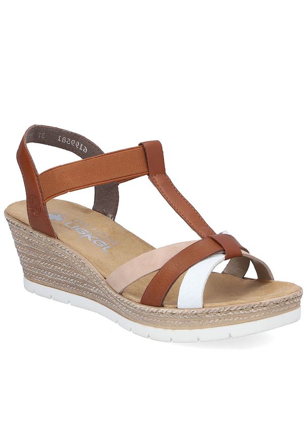 Sandały damskie na koturnie brązowe Rieker 61995-81. Kolor: brązowy. Materiał: materiał. Obcas: na koturnie