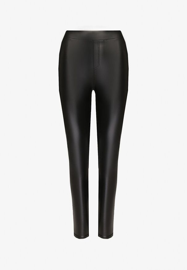 Born2be - Czarne Legginsy z Ekoskóry z Wysokim Stanem i Wsuwanymi Kieszeniami Rievalia. Stan: podwyższony. Kolor: czarny. Materiał: skóra. Sezon: zima