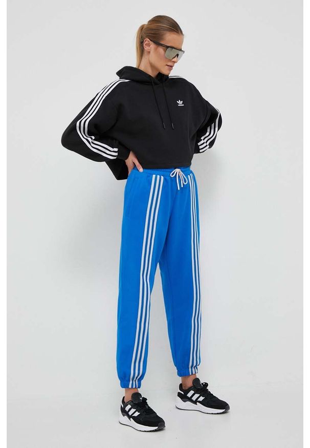 adidas Originals spodnie dresowe bawełniane kolor niebieski z aplikacją. Stan: podwyższony. Kolor: niebieski. Materiał: bawełna, dresówka. Wzór: aplikacja