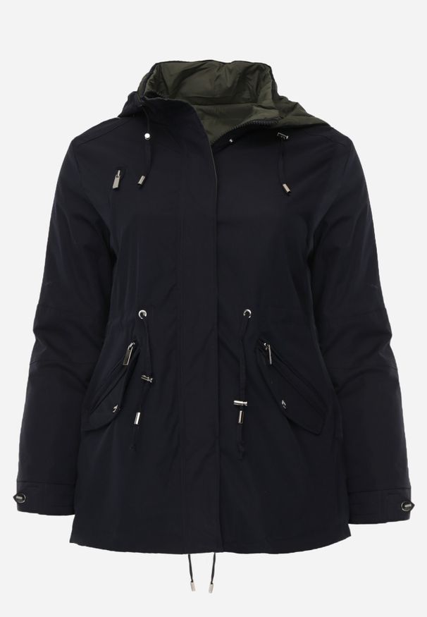 Born2be - Granatowo-Zielona Dwustronna Kurtka Przejściowa w Stylu Parki z Kapturem Tidala. Okazja: na co dzień. Typ kołnierza: kaptur. Kolekcja: plus size. Kolor: niebieski. Materiał: poliester, jeans, materiał. Wzór: aplikacja. Styl: casual, klasyczny