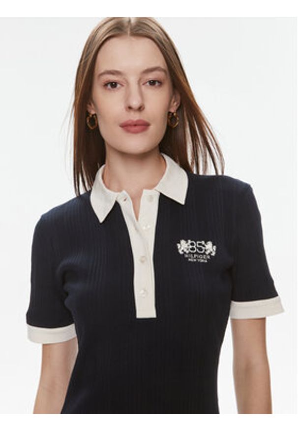 TOMMY HILFIGER - Tommy Hilfiger Sukienka dzianinowa F&F Crest 85 Polo Dress Rib WW0WW40617 Granatowy Regular Fit. Typ kołnierza: polo. Kolor: niebieski. Materiał: bawełna