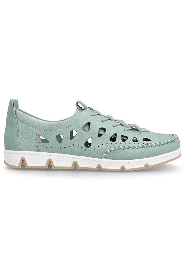 Skórzane półbuty damskie ażurowe zielone Rieker 49956-52. Kolor: zielony. Materiał: skóra. Wzór: ażurowy