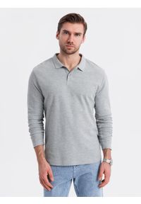 Ombre Clothing - Męski longsleeve z kołnierzykiem polo BASIC – szary melanż V4. Okazja: do pracy, na co dzień. Typ kołnierza: polo. Kolor: szary. Materiał: bawełna, dzianina. Długość rękawa: długi rękaw. Wzór: melanż. Styl: casual, elegancki