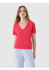 4f - 4F T-shirt oversize z modalem damski - różowy XS. Okazja: na co dzień. Typ kołnierza: dekolt w serek. Kolor: różowy. Długość: krótkie. Wzór: gładki, ze splotem. Materiał: dzianina, materiał, bawełna, jersey. Długość rękawa: krótki rękaw. Sezon: lato. Styl: klasyczny, sportowy, casual