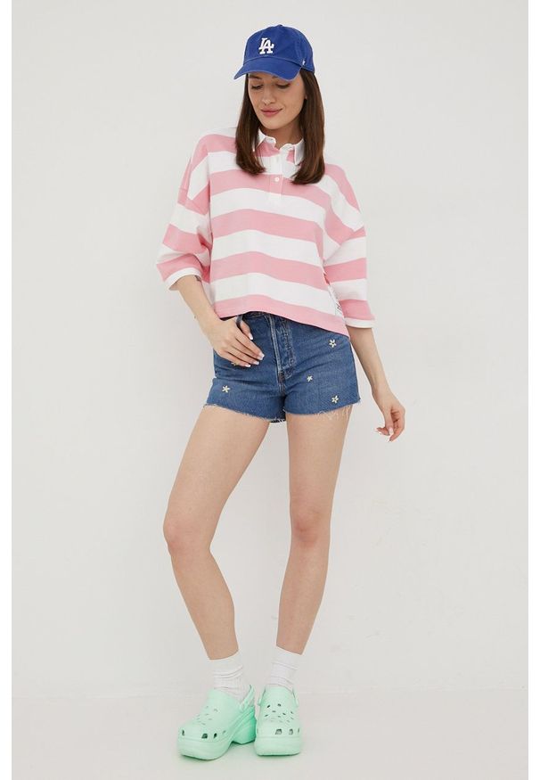 Levi's® - Levi's szorty jeansowe damskie z aplikacją high waist. Okazja: na spotkanie biznesowe. Stan: podwyższony. Kolor: niebieski. Materiał: jeans. Wzór: aplikacja. Styl: biznesowy