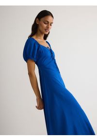 Reserved - Sukienka z wiskozą i lnem - niebieski. Kolor: niebieski. Materiał: len, wiskoza. Wzór: gładki. Typ sukienki: proste