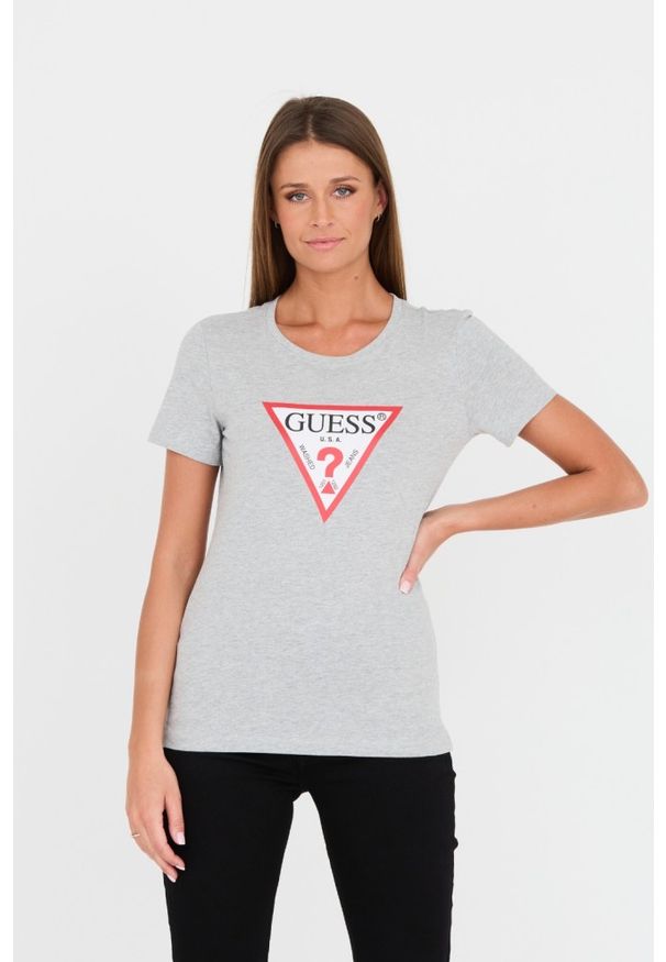 Guess - GUESS Szary damski t-shirt bawełniany Original Tee, Rozmiar XS. Kolor: szary. Materiał: bawełna