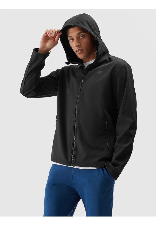 4f - 4F Kurtka softshell wiatroodporna membrana 5000 męska - czarny S. Typ kołnierza: kaptur. Kolor: czarny. Materiał: softshell. Technologia: Windstopper. Sezon: zima, jesień, wiosna. Sport: kolarstwo