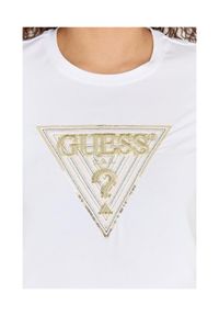 Guess - GUESS Biały t-shirt damski ze złotym haftowanym cyrkoniami logotypem slim fit, Rozmiar S. Kolor: biały. Materiał: bawełna. Wzór: haft #3