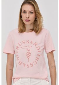 Trussardi Jeans - Trussardi - T-shirt bawełniany. Okazja: na co dzień. Kolor: różowy. Materiał: bawełna. Wzór: nadruk. Styl: casual