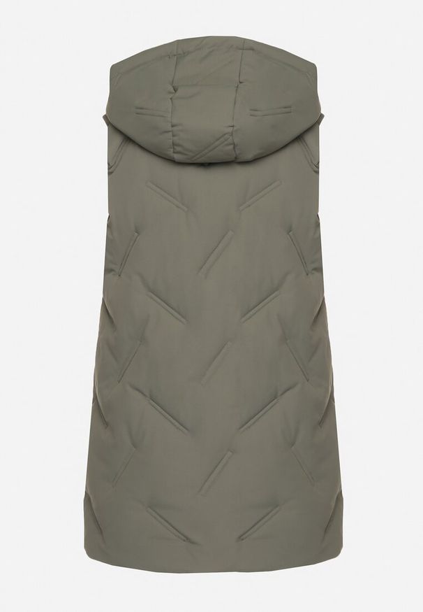 Born2be - Zielona Casualowa Kamizelka z Kapturem i Pikowanymi Przeszyciami Caletta. Okazja: na co dzień. Typ kołnierza: kaptur. Kolor: zielony. Materiał: jeans. Styl: casual