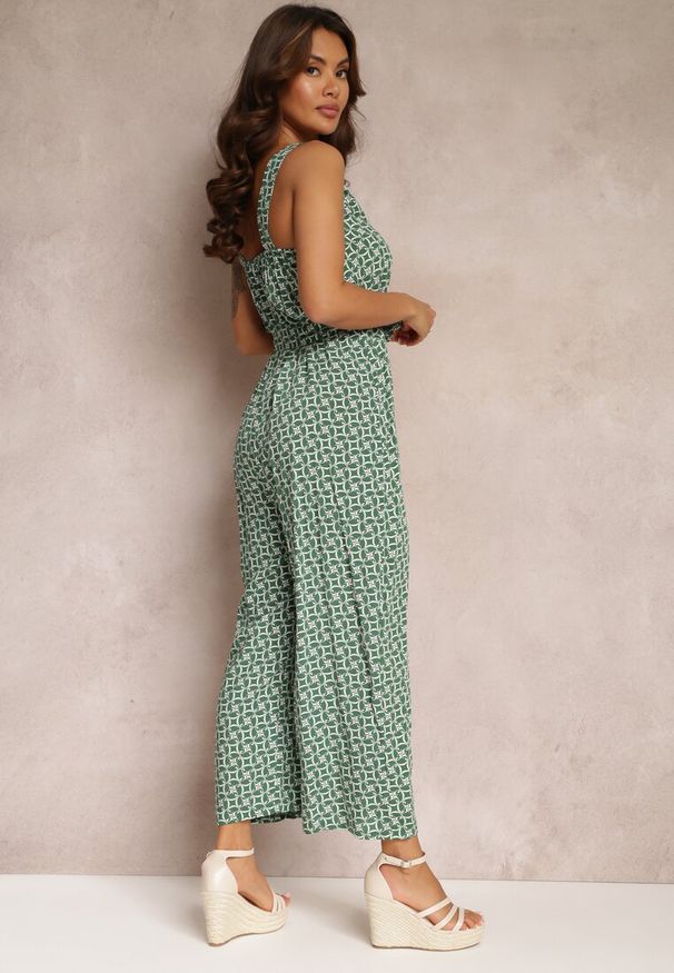 Renee - Zielony Kombinezon z Wiskozy bez Rękawów i Wiązanym Paskiem Leara. Kolor: zielony. Materiał: wiskoza. Długość rękawa: bez rękawów