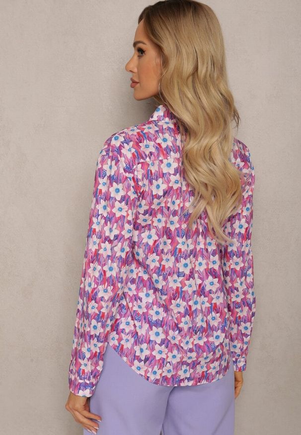 Renee - Fuksjowa Koszula z Bawełny z Kwiatowym Printem i Długim Rękawem Ritapeva. Kolor: różowy. Materiał: bawełna. Długość rękawa: długi rękaw. Długość: długie. Wzór: nadruk, kwiaty. Sezon: wiosna. Styl: elegancki