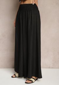Renee - Czarne Szerokie Spodnie High Waist z Szeroką Gumą w Pasie Korissele. Okazja: na co dzień. Stan: podwyższony. Kolor: czarny. Materiał: guma. Wzór: aplikacja. Styl: elegancki, casual