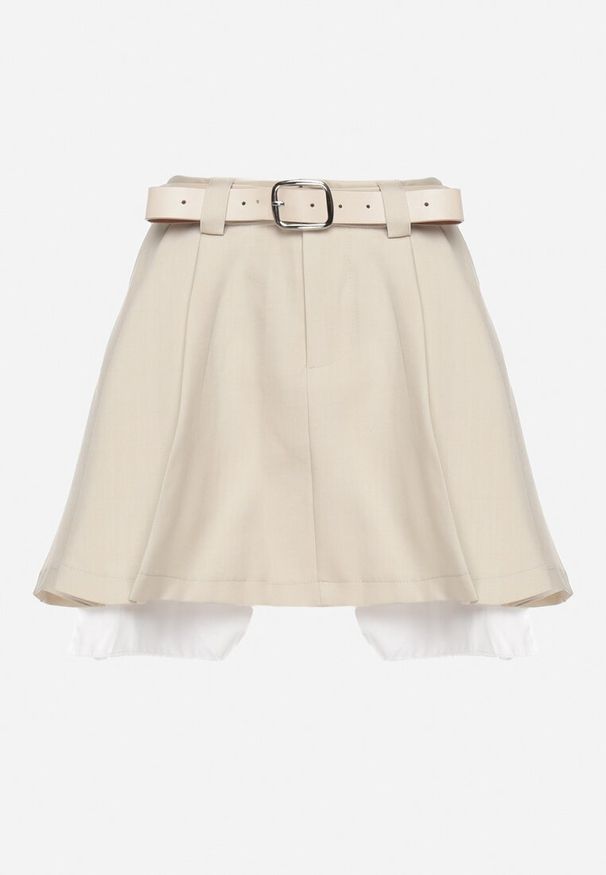 Born2be - Beżowa Plisowana Spódnica o Rozkloszowanym Kroju z Paskiem z Klamrą Vimalin. Okazja: na spotkanie biznesowe. Kolor: beżowy. Styl: elegancki, biznesowy
