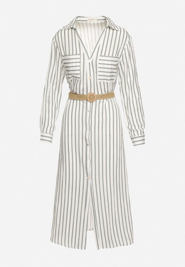 Born2be - Biało-Zielona Sukienka Midi w Koszulowym Stylu z Lnem i Paskiem z Klamrą Egogia. Okazja: na co dzień. Kolor: biały. Materiał: len. Długość rękawa: długi rękaw. Wzór: aplikacja. Typ sukienki: koszulowe. Styl: elegancki, casual, klasyczny. Długość: midi