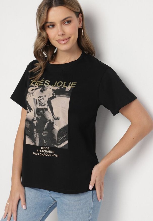 Born2be - Czarny T-shirt z Bawełny Ozdobiony Nadrukiem i Brokatem Marionel. Okazja: na co dzień. Kolor: czarny. Materiał: bawełna. Wzór: nadruk, aplikacja. Styl: elegancki, klasyczny, casual