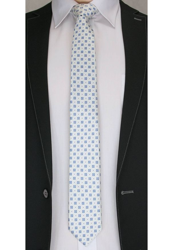 Stylowy Krawat Męski - Motyw Florystyczny, Kwiaty - Chattier, Biało-Niebieski. Kolor: niebieski, biały, wielokolorowy. Materiał: tkanina. Wzór: grochy. Styl: elegancki