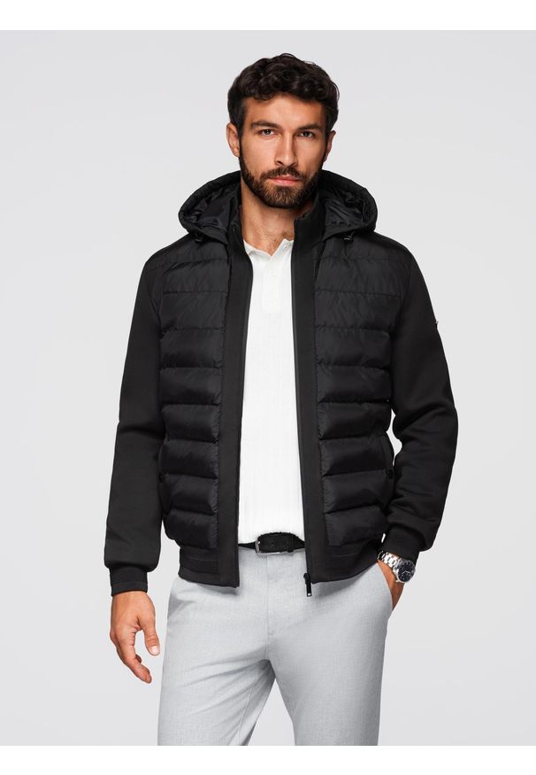 Ombre Clothing - Pikowana kurtka bomberka z kapturem i dzianinowymi rękawami – czarna V1 - Rozmiar: S. Typ kołnierza: kaptur. Kolor: czarny. Materiał: dzianina. Wzór: nadruk, aplikacja. Styl: klasyczny