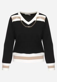 Born2be - Czarny Sweter ze Ściągaczami i Ozdobnym Metalowym Łańcuszkiem przy Dekolcie Larti. Kolor: czarny. Materiał: jeans. Styl: elegancki