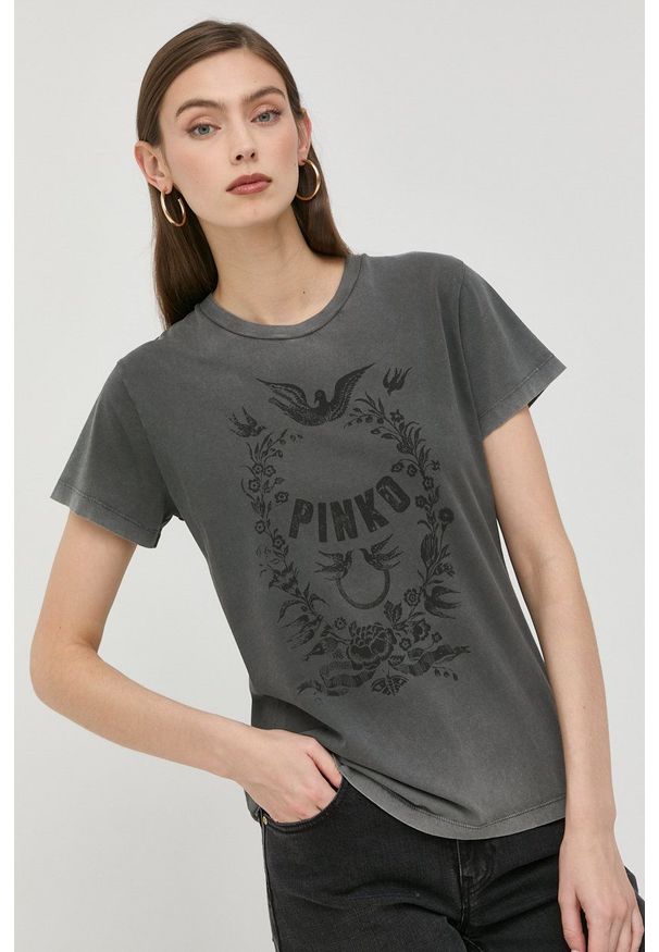 Pinko t-shirt bawełniany kolor szary. Okazja: na co dzień. Kolor: szary. Materiał: bawełna. Długość rękawa: krótki rękaw. Długość: krótkie. Styl: casual