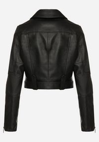 Born2be - Czarna Krótka Kurtka Ramoneska z Paskiem Ozdobionym Klamrą Mavine. Okazja: na co dzień. Kolor: czarny. Materiał: jeans. Długość rękawa: długi rękaw. Długość: krótkie. Wzór: aplikacja. Styl: casual, rockowy, elegancki #3