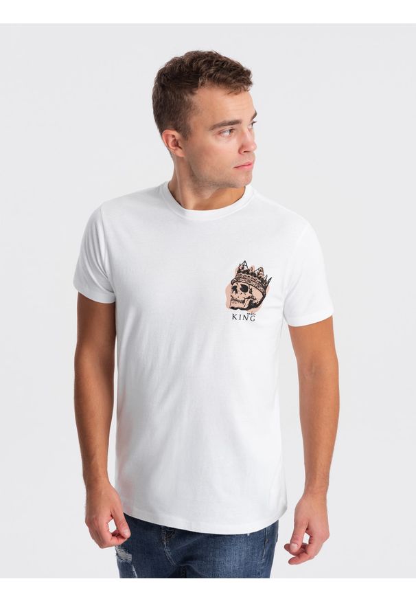Ombre Clothing - T-shirt męski bawełniany z nadrukiem na klatce piersiowej - biały V3. Kolor: biały. Materiał: bawełna. Wzór: nadruk