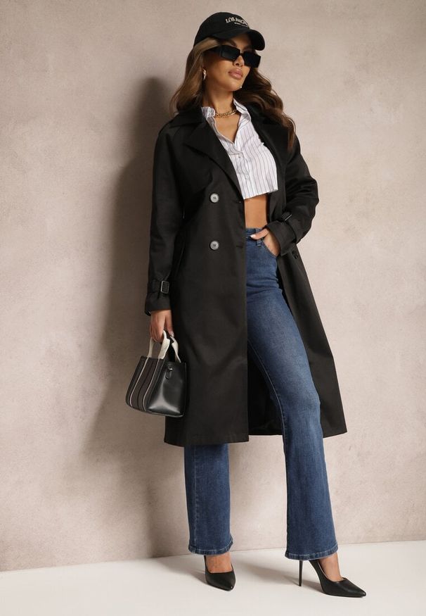 Renee - Czarny Długi Płaszcz Trencz Dwurzędowy z Paskiem w Komplecie Sabila. Kolor: czarny. Materiał: jeans. Długość rękawa: długi rękaw. Długość: długie. Styl: wizytowy, klasyczny, elegancki
