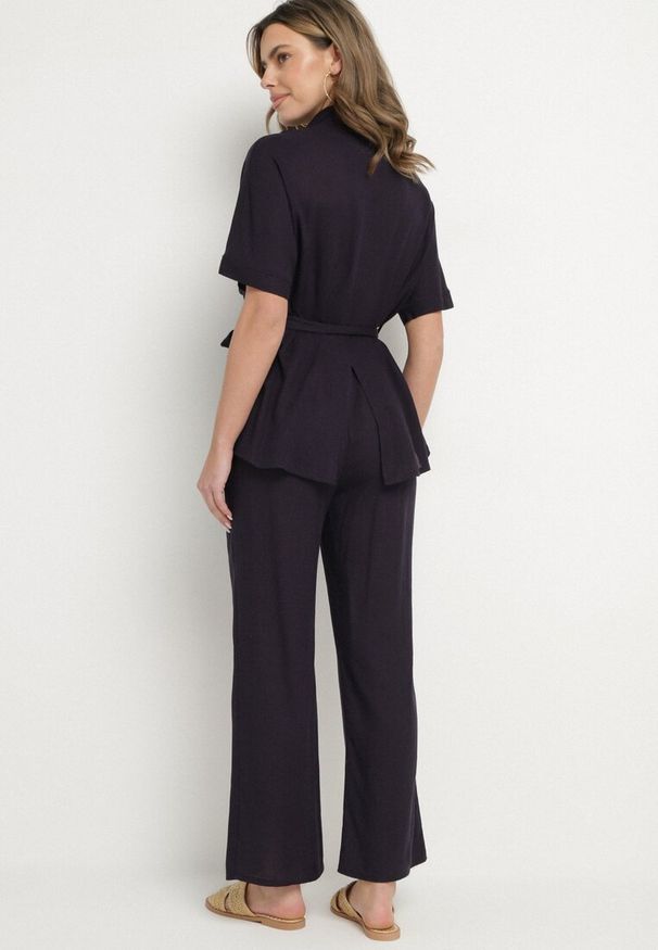 Born2be - Granatowy Komplet z Wiskozą Lnem Koszula z Paskiem i Szerokie Spodnie Galorisa. Kolor: niebieski. Materiał: wiskoza, len