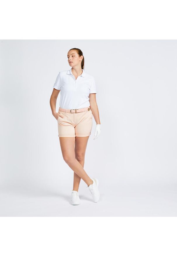 INESIS - Koszulka polo do golfa z krótkim rękawem damska Inesis MW500. Typ kołnierza: golf, polo. Kolor: biały. Materiał: bawełna, materiał, poliester. Długość rękawa: krótki rękaw. Długość: krótkie. Wzór: ze splotem. Styl: klasyczny, elegancki
