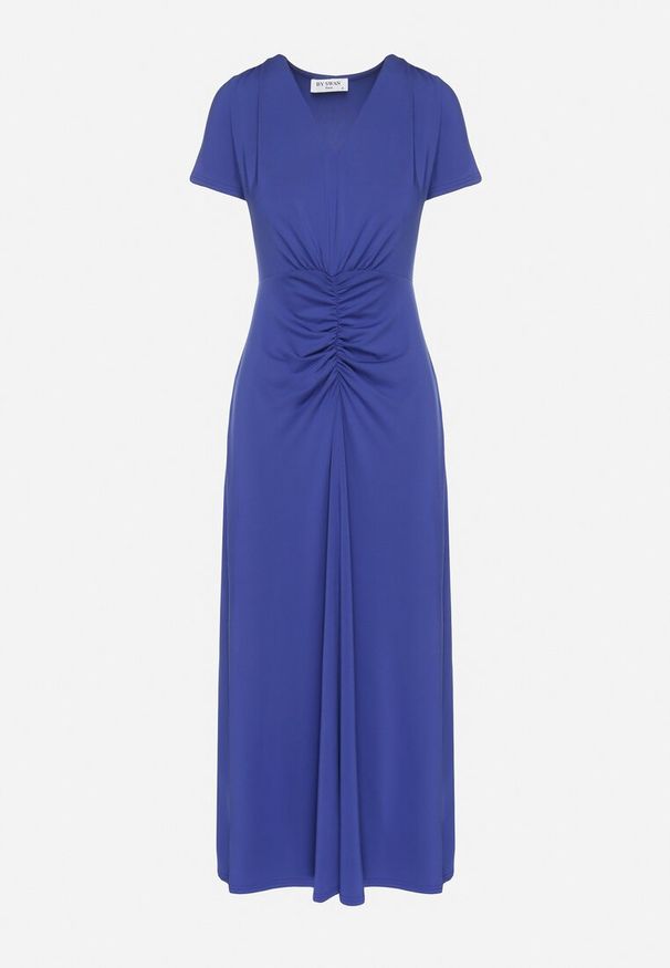 Born2be - Niebieska Sukienka z Marszczeniami Taliowana z Dodatkiem Wiskozy Arelona. Okazja: na co dzień. Typ kołnierza: dekolt w kształcie V. Kolor: niebieski. Materiał: wiskoza. Długość rękawa: krótki rękaw. Typ sukienki: proste. Styl: casual