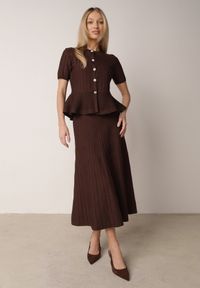 Born2be - Brązowy Komplet z Wiskozą Rozkloszowana Spódnica i Bluzka z Baskinką Adrimala. Kolor: brązowy. Materiał: wiskoza #5