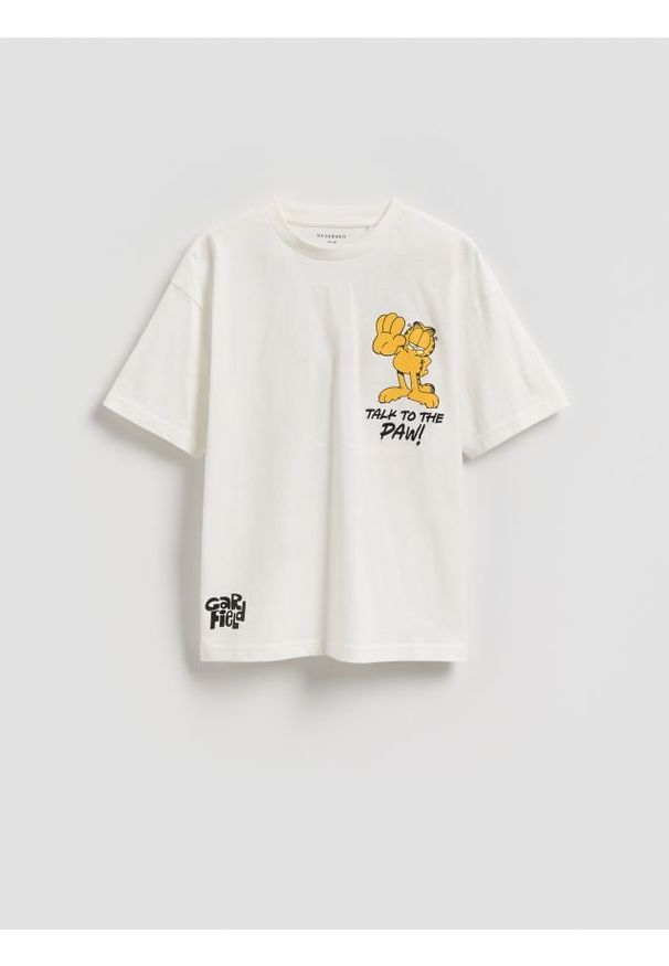 Reserved - Bawełniany t-shirt Garfield - złamana biel. Materiał: bawełna