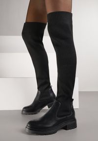 Born2be - Czarne Kozaki z Elastyczną Cholewką Idandrou. Wysokość cholewki: za kolano. Nosek buta: okrągły. Kolor: czarny. Materiał: prążkowany, skóra, dzianina. Szerokość cholewki: normalna #1