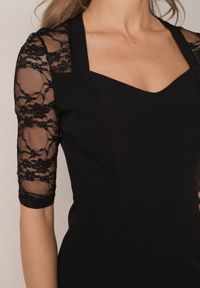 Born2be - Czarna Taliowana Sukienka VICES z Koronkowymi Rękawami Oceamara. Kolor: czarny. Materiał: koronka. Wzór: aplikacja, koronka. Styl: elegancki #7