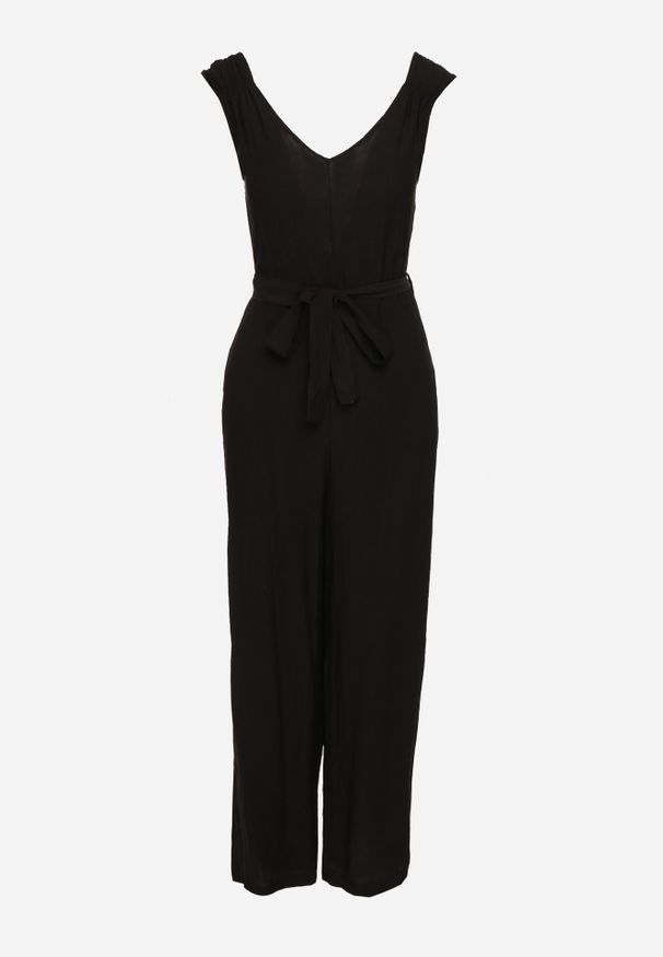 Renee - Czarny Kombinezon z Wiskozy z Szerokimi Nogawkami z Gumką w Pasie i Materiałowym Paskiem Acladia. Kolor: czarny. Materiał: materiał, wiskoza. Styl: wizytowy, elegancki