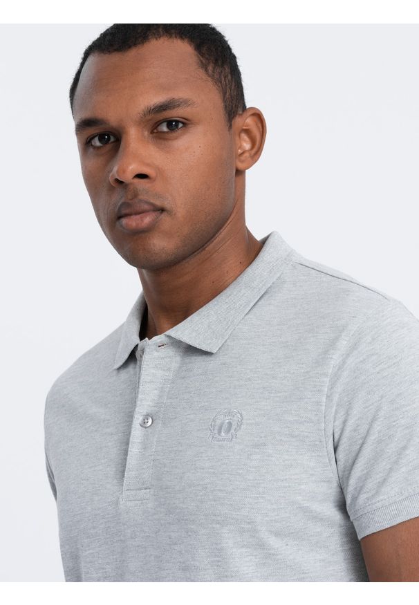 Ombre Clothing - Koszulka męska polo z dzianiny pique - szary melanż V20 - Rozmiar: M. Typ kołnierza: polo. Kolor: szary. Materiał: dzianina. Wzór: melanż. Styl: klasyczny