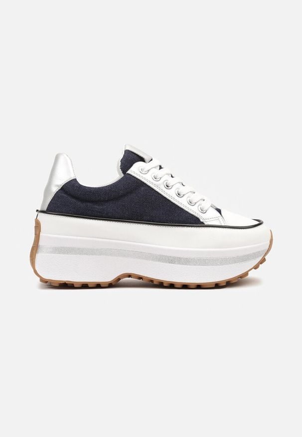 Born2be - Granatowe Streetwearowe Sneakersy na Grubej Podeszwie z Tłoczeniami Hanivae. Okazja: na co dzień. Nosek buta: okrągły. Kolor: niebieski. Materiał: jeans