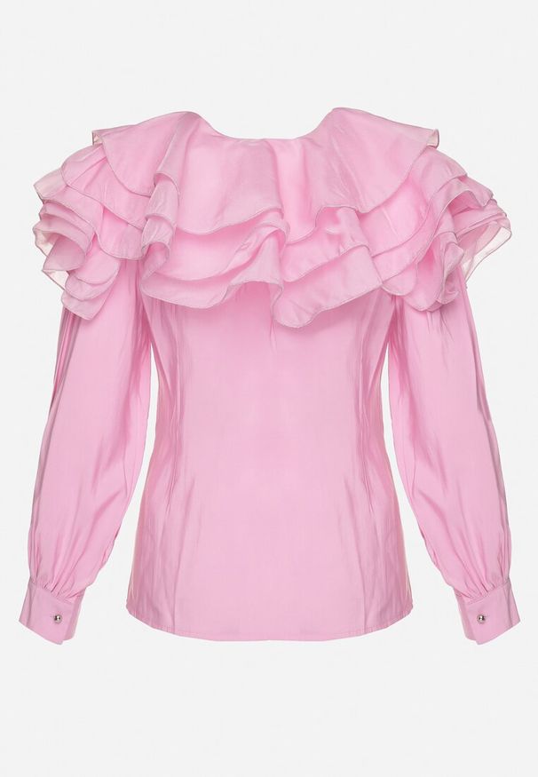 Born2be - Różowa Elegancka Koszula Ozdobiona Falbanami i Guzikami Leristta. Okazja: na co dzień. Kolor: różowy. Materiał: jeans. Wzór: aplikacja. Styl: elegancki