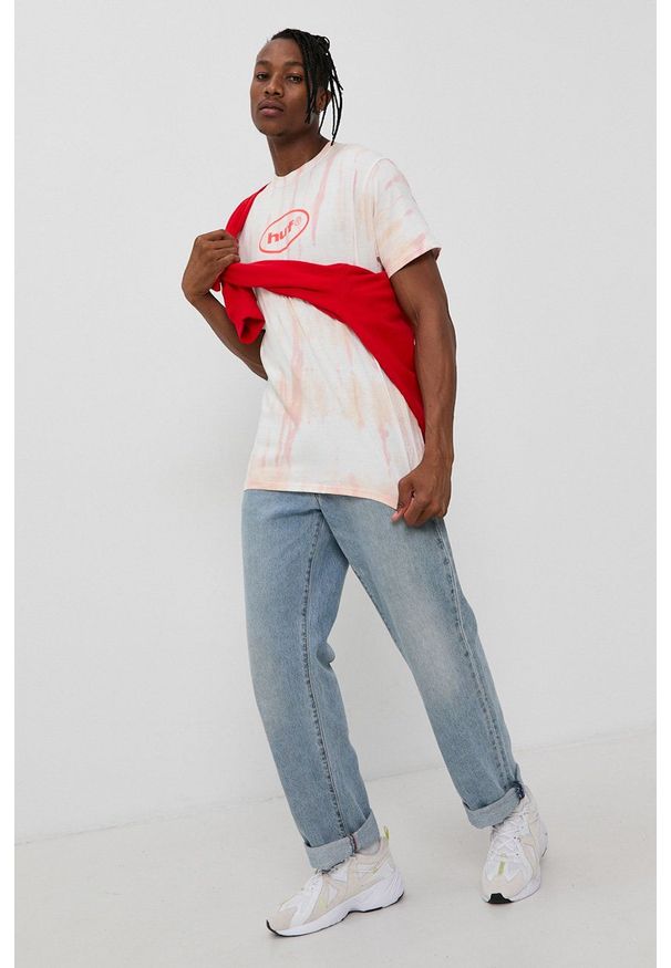 HUF - T-shirt bawełniany. Okazja: na co dzień. Kolor: pomarańczowy. Materiał: bawełna. Wzór: nadruk. Styl: casual