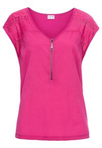 Shirt z koronkową wstawką bonprix różowy. Kolor: różowy. Materiał: koronka #1